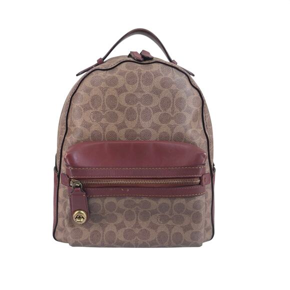 Coach Charlie Signature Canvas Backpack Brown Logo Print Leather Trim gold - Picture 1 of 13